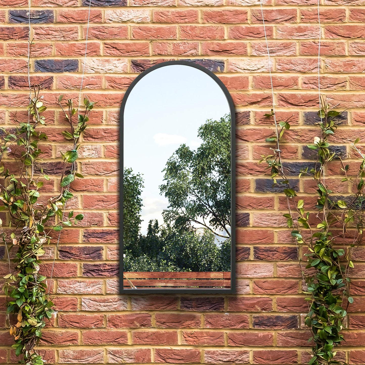 The Perry - Black Metal Framed Arched Garden Wall Mirror 31 X 16 (80CM X 40CM). Suitable for Outside and Inside.