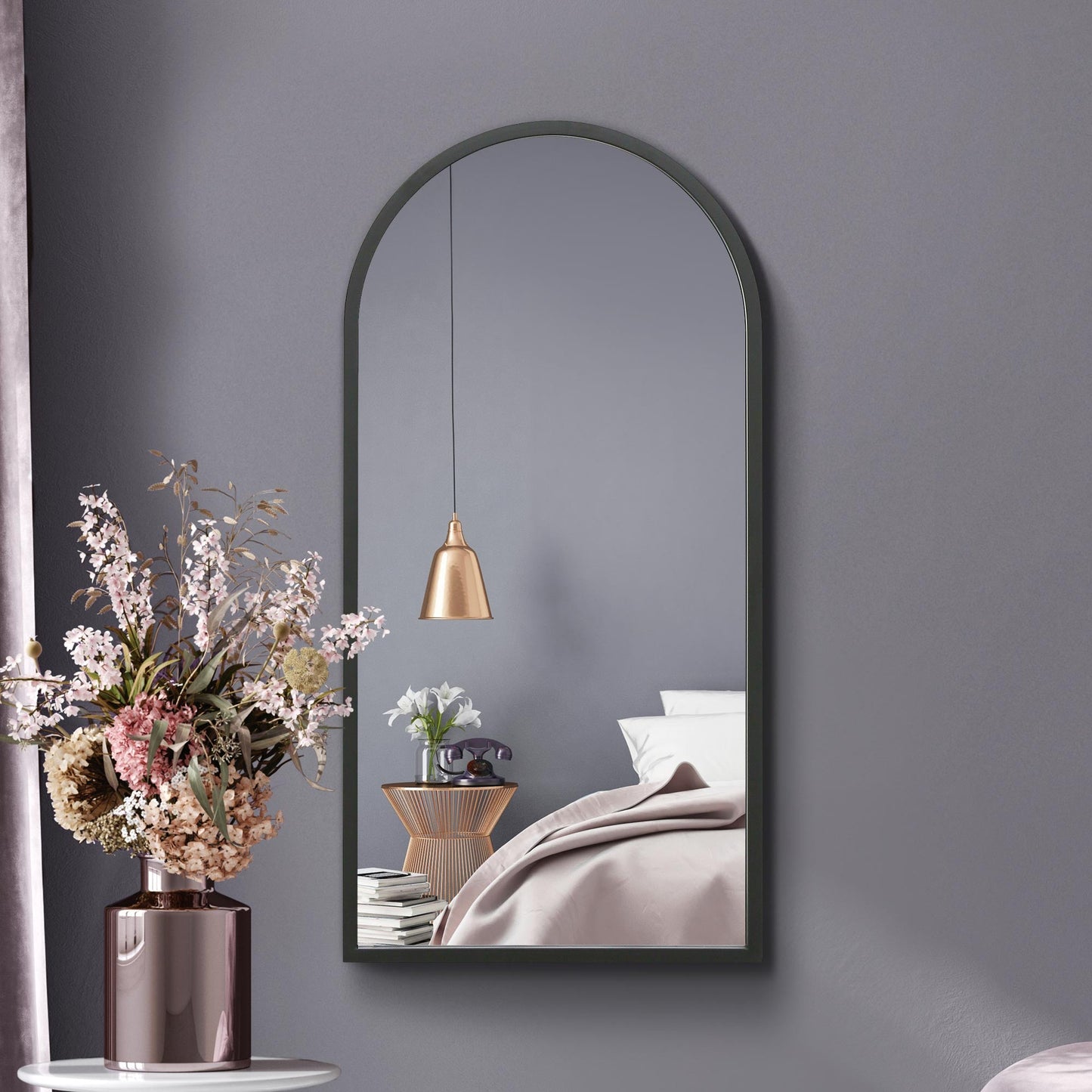 The Perry - Black Metal Framed Arched Wall Mirror 31 X 16 (80CM X 40CM). Suitable for Inside and Outside.