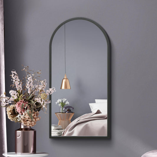 The Perry - Black Metal Framed Arched Wall Mirror 31 X 16 (80CM X 40CM). Suitable for Inside and Outside.