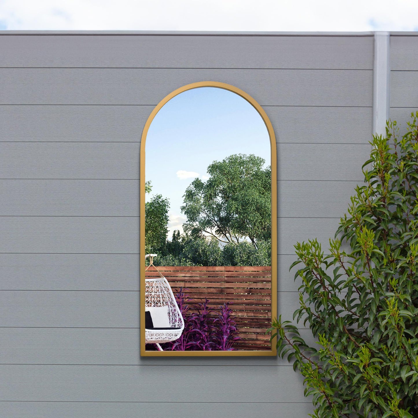 The Perry - Gold Metal Framed Arched Garden Wall Mirror 31 X 16 (80CM X 40CM). Suitable for Outside and Inside.