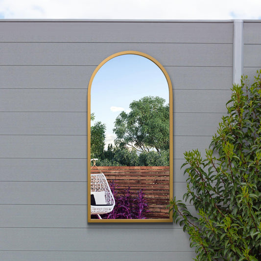 The Perry - Gold Metal Framed Arched Garden Wall Mirror 31 X 16 (80CM X 40CM). Suitable for Outside and Inside.