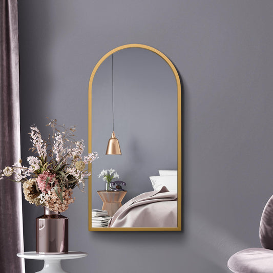 The Perry - Gold Metal Framed Arched Wall Mirror 31 X 16 (80CM X 40CM). Suitable for Inside and Outside.