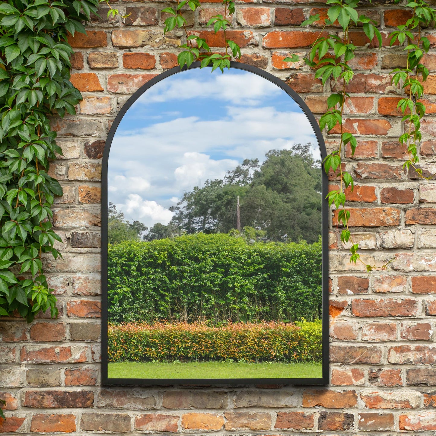 The Perry - Black Metal Framed Arched Garden Wall Mirror 39 X 27 (100CM X 70CM). Suitable for Outside and Inside!