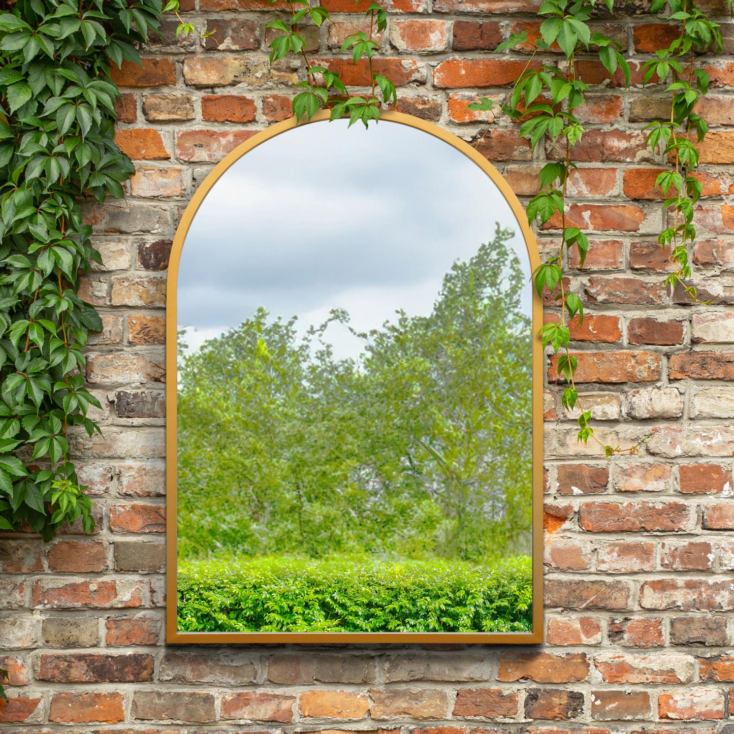 The Perry - Gold Metal Framed Arched Garden Wall Mirror 39 X 27 (100CM X 70CM). Suitable for Outside and Inside!