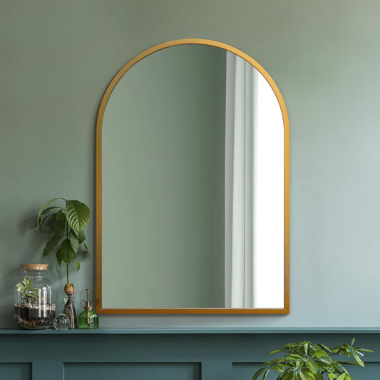 The Perry - Gold Metal Framed Arched Wall Mirror 39 X 27 (100CM X 70CM). Suitable for Inside and Outside!