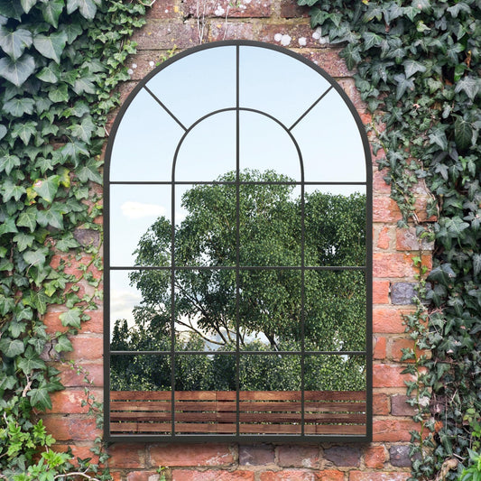 The Perry - Black Framed Arched Window Garden Mirror 47x31 120x80CM. Suitable for Outside and Inside!