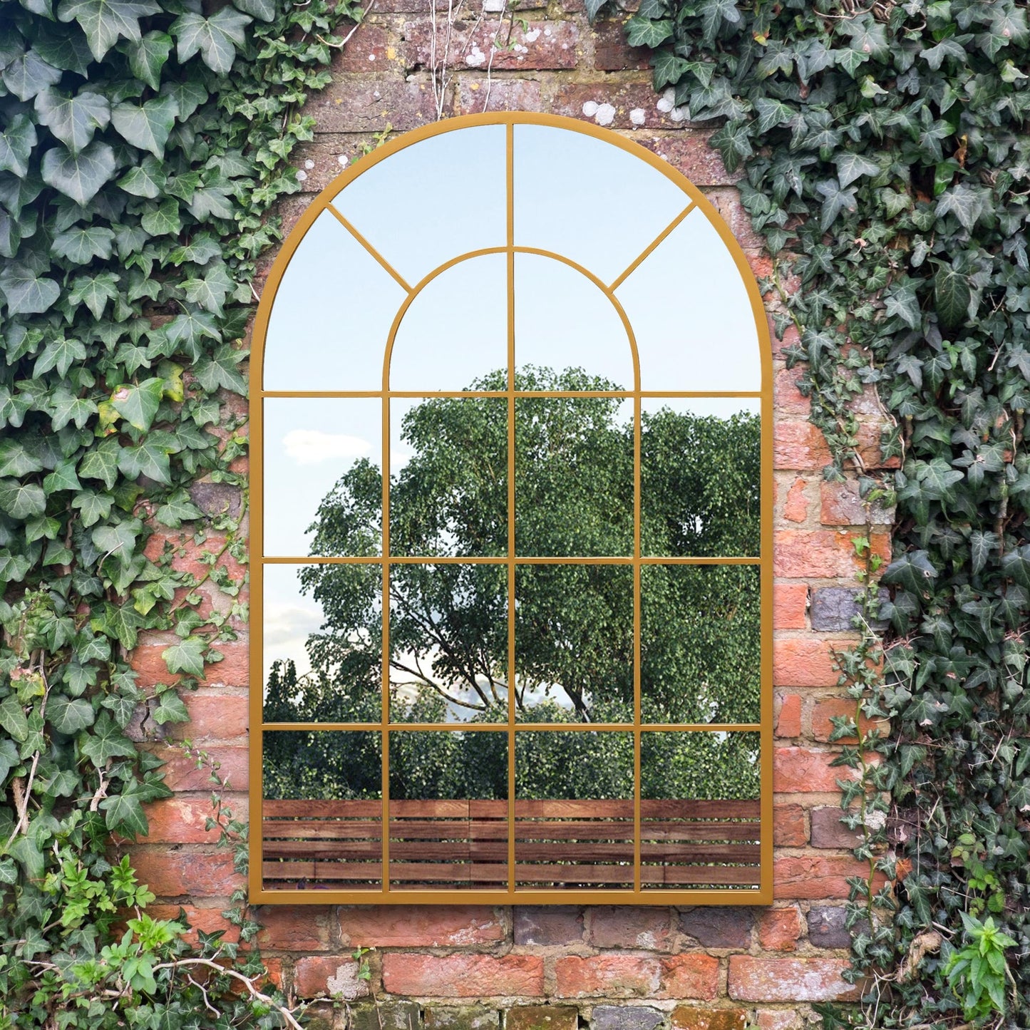The Perry - Gold Framed Arched Window Garden Mirror 47x31 120x80CM. Suitable for Outside and Inside!