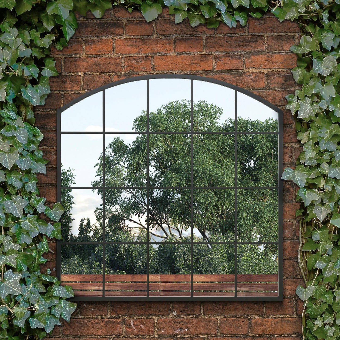 The Perry - Black Framed Arched Window Garden Mirror 39x39 100x100CM. Suitable for Outside and Inside!