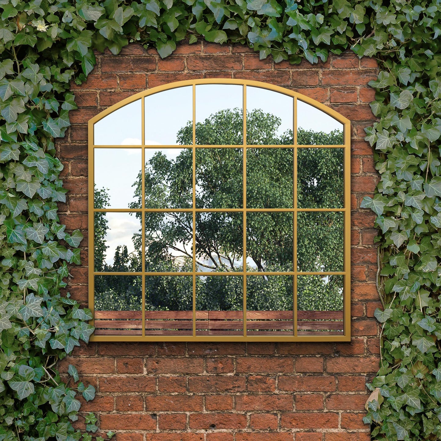 The Perry - Gold Framed Arched Window Garden Mirror 39x39 100x100CM. Suitable for Outside and Inside!