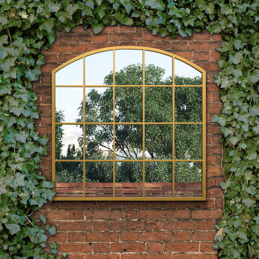 The Perry - Gold Framed Arched Window Garden Mirror 39x39 100x100CM. Suitable for Outside and Inside!