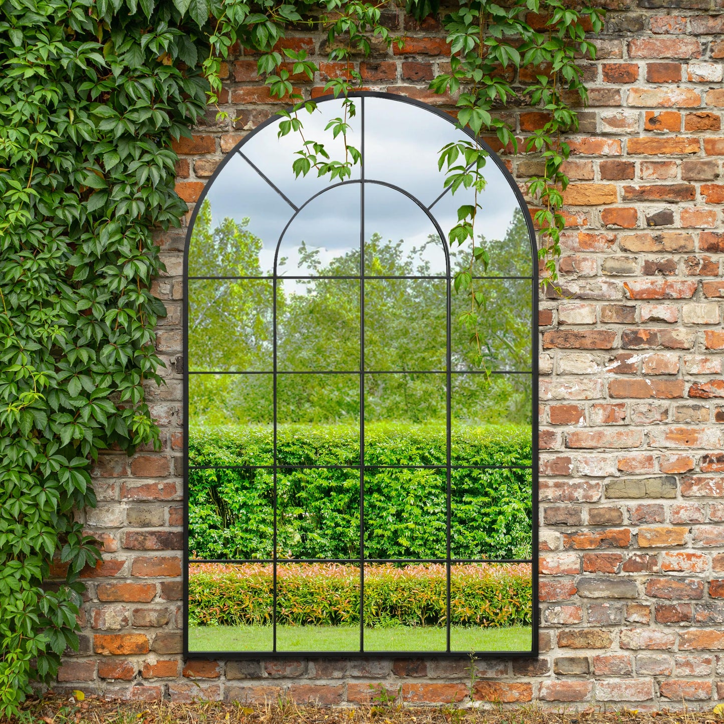 The Perry - Black Framed Arched Window Garden Mirror 75 X 47 190 x 120CM. Suitable for Outside and Inside!