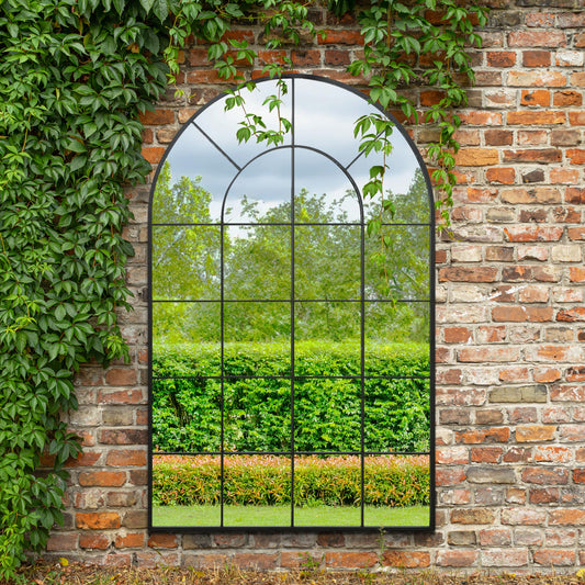 The Perry - Black Framed Arched Window Garden Mirror 75 X 47 190 x 120CM. Suitable for Outside and Inside!
