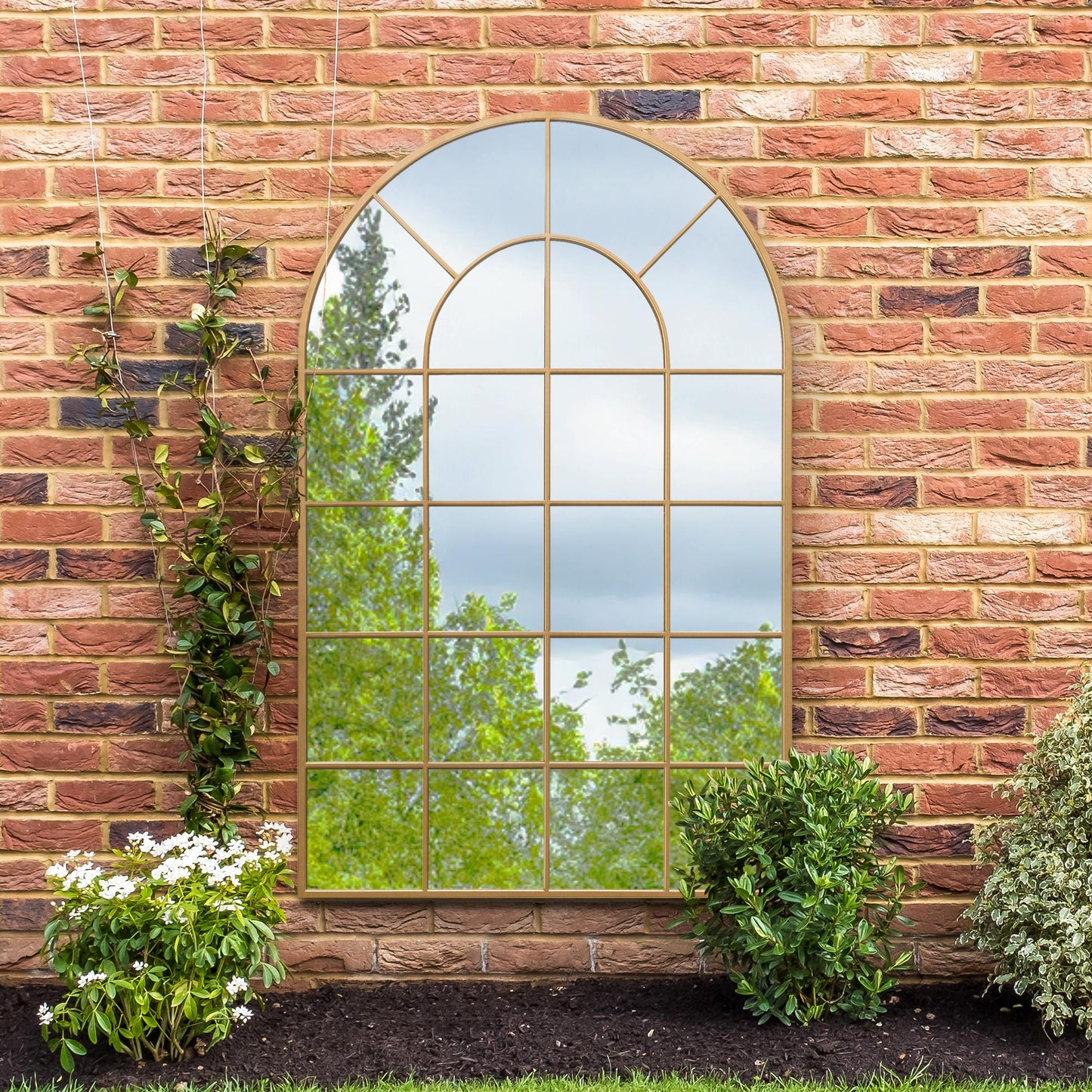 The Perry - Gold Framed Arched Window Garden Mirror 75 X 47 190 x 120CM. Suitable for Outside and Inside!