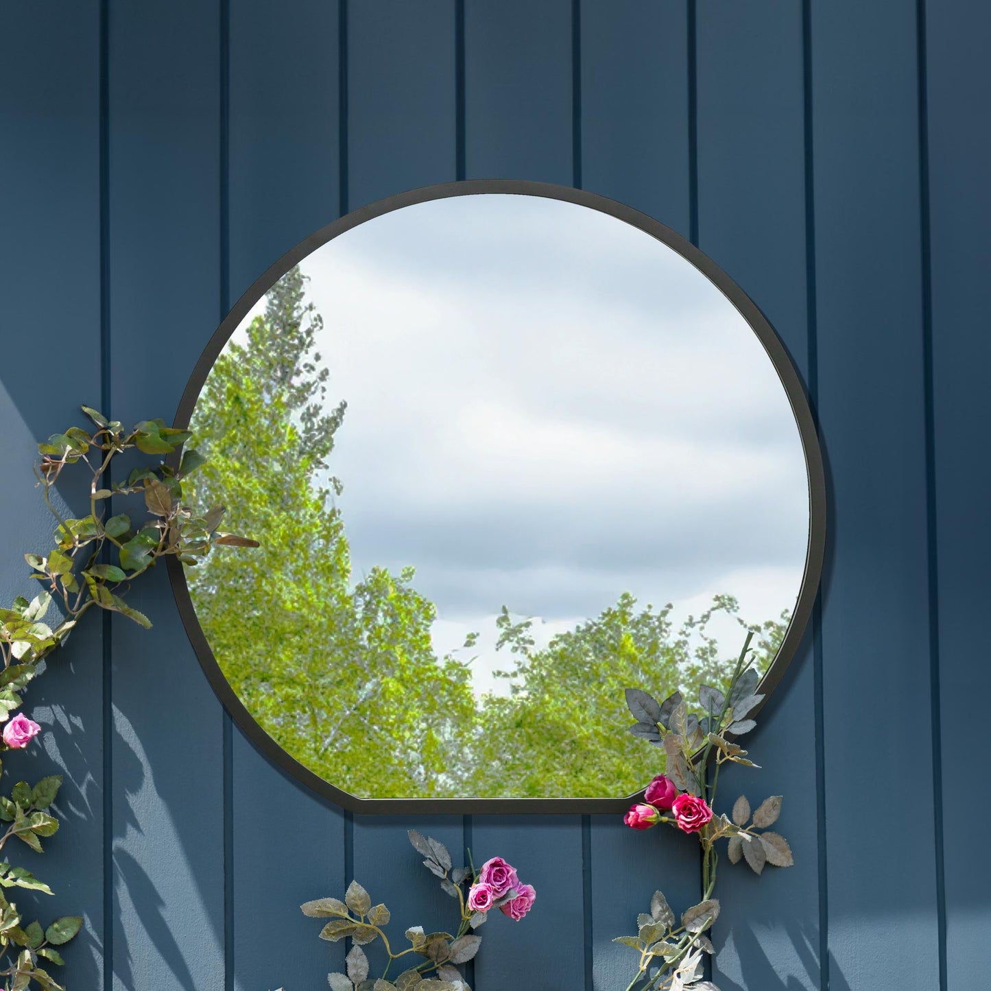 The Alora - Black Framed Flat Bottom Circular Garden Wall Mirror - Perfect for the Mantle! 33 X 31 (84CM X 80CM)