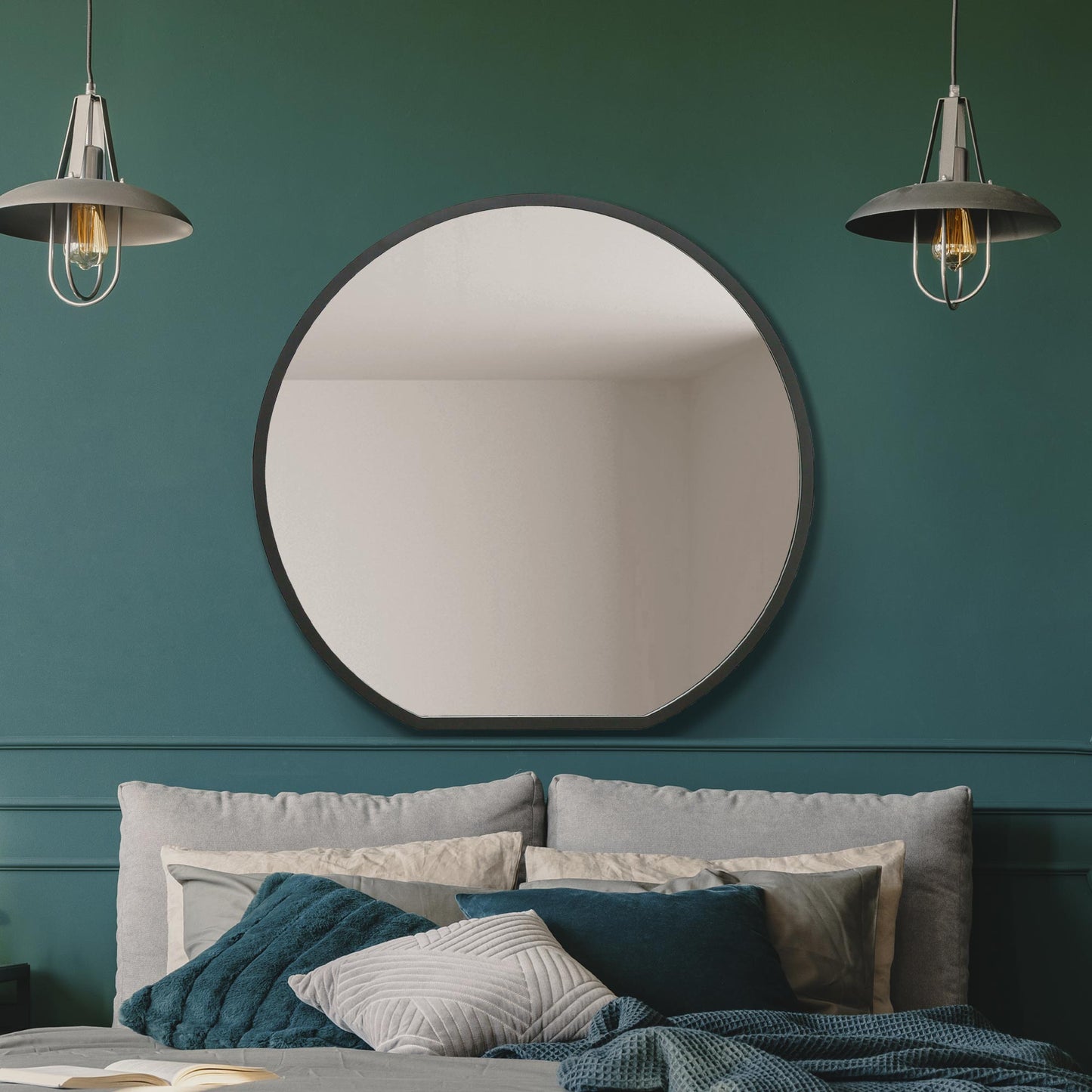 The Alora - Black Framed Flat Bottom Circular Wall Mirror - Perfect for the Mantle! 33 X 31 (84CM X 80CM)