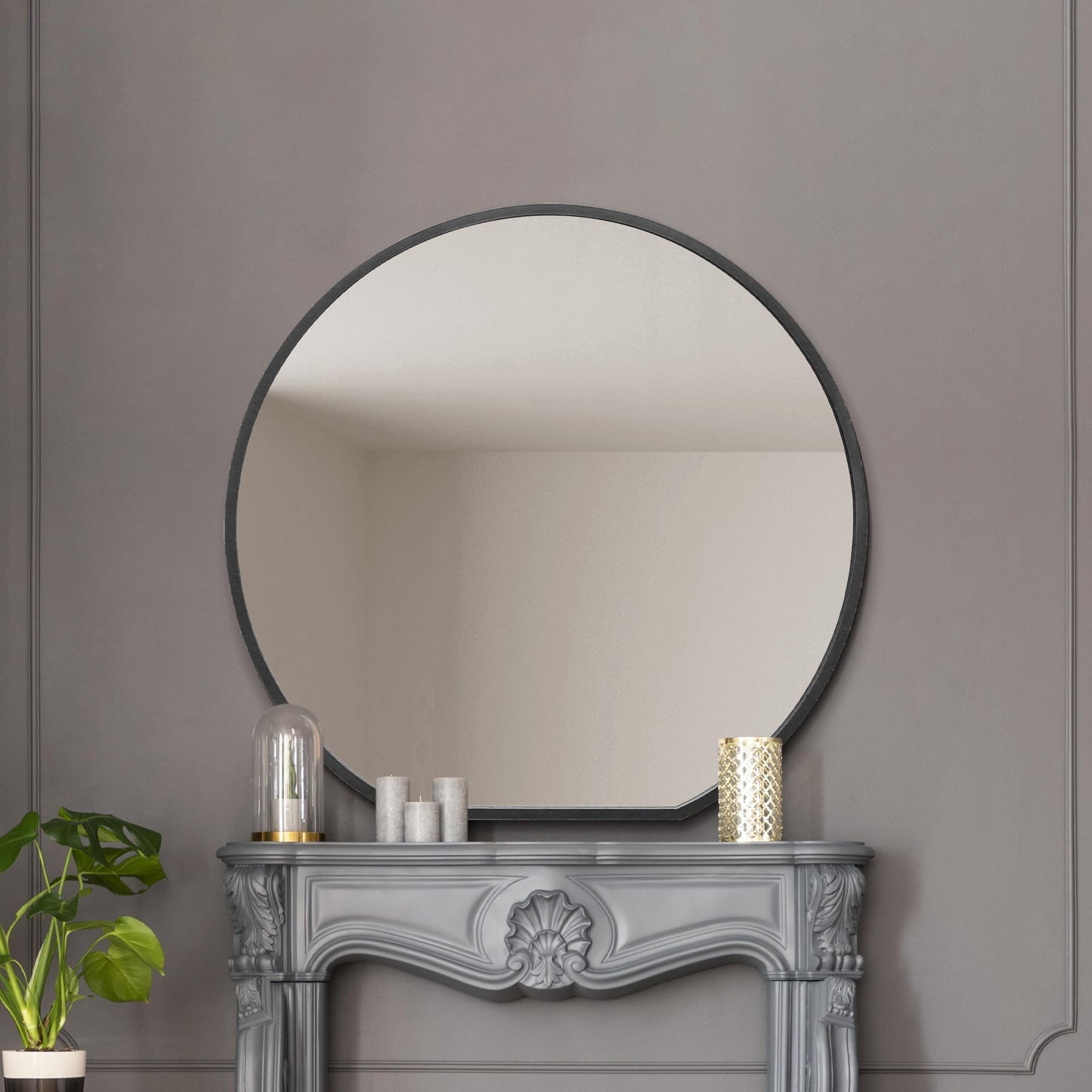 The Alora - Black Framed Flat Bottom Circular Wall Mirror - Perfect for the Mantle! 50 X 47 (126CM X 120CM)