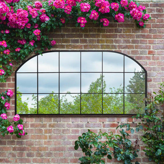 The Perry - Black Metal Framed Window Arched Garden Wall or Fence Mirror 69 X 33 (174CM X 85CM)