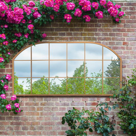 The Perry - Gold Metal Framed Window Arched Garden Wall or Fence Mirror 69 X 33 (174CM X 85CM)