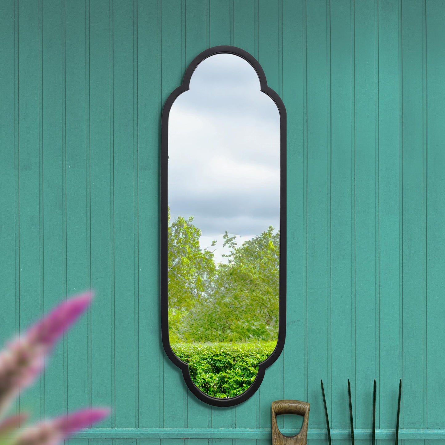 The Belle - New Black Metal Framed Double Arched Oval Garden Wall Mirror 40 X 14 (102CM X 35.5CM)