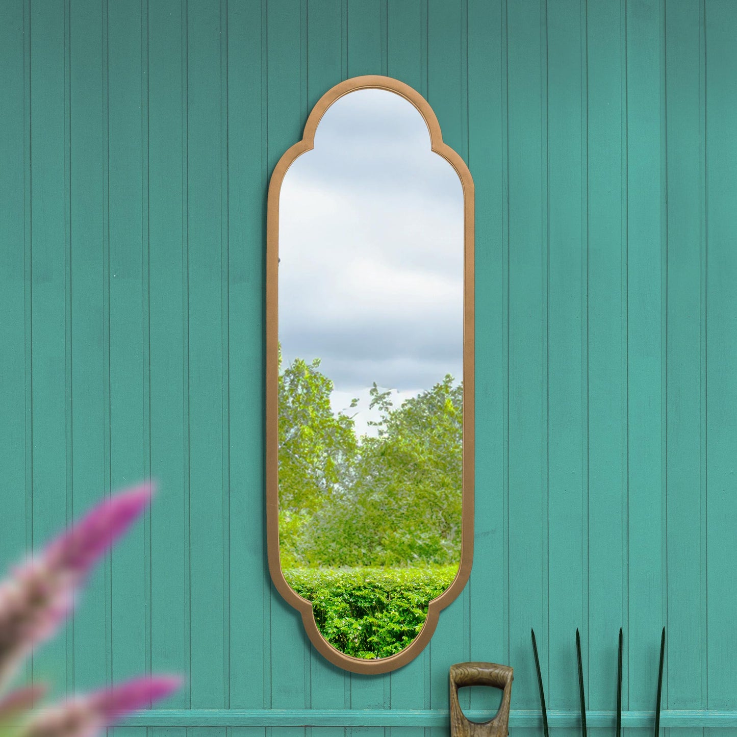 The Belle - New Gold Metal Framed Double Arched Oval Garden Wall Mirror 40 X 14 (102CM X 35.5CM)