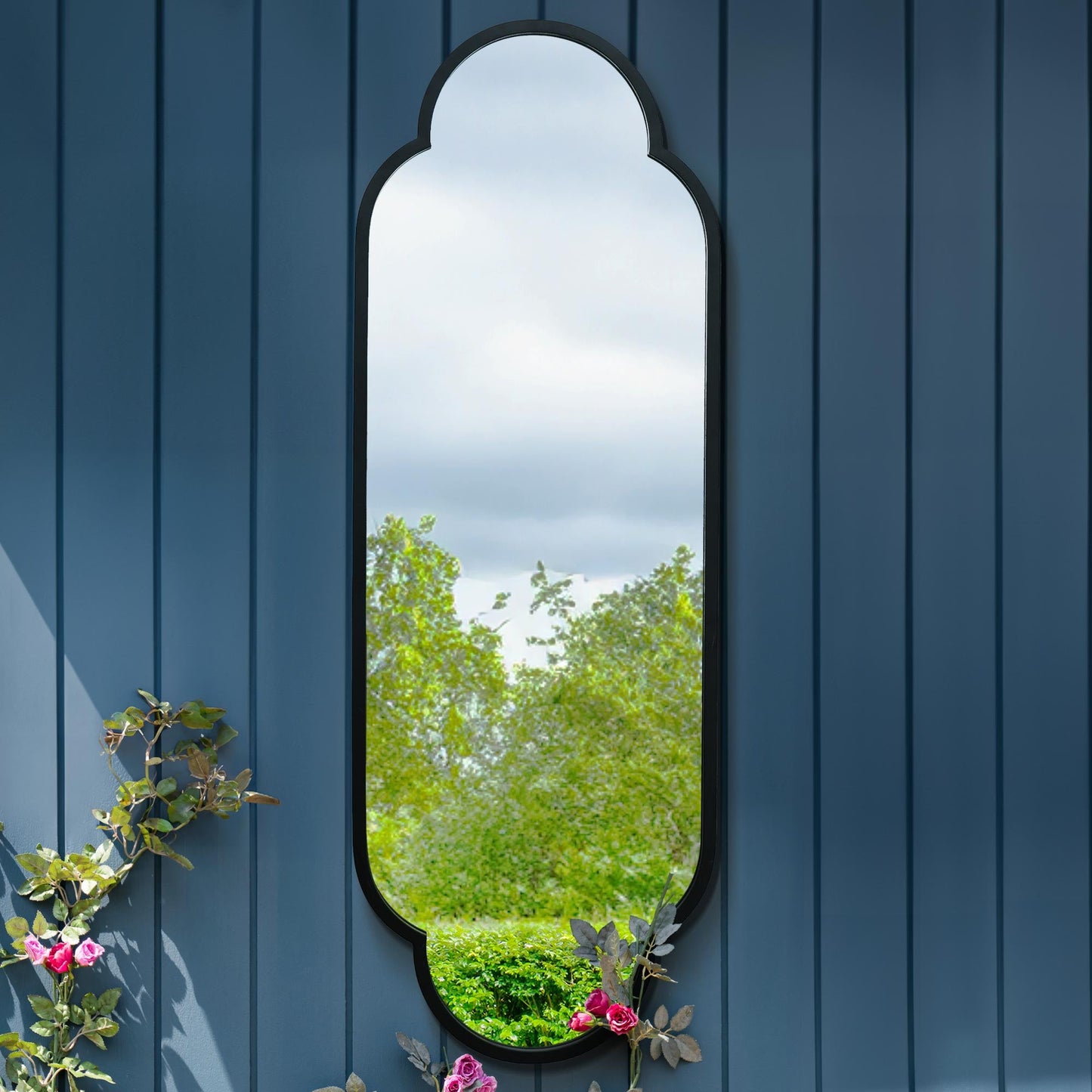 The Belle - New Black Metal Framed Double Arched Oval Garden Wall Mirror 59 X 20 (150CM X 52CM)