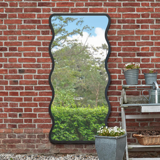 The Hunter - New Black Metal Rectangular Wavy Framed Garden Wall Mirror. Landscape or Portrait 67 X 31 (170CM X 80CM).