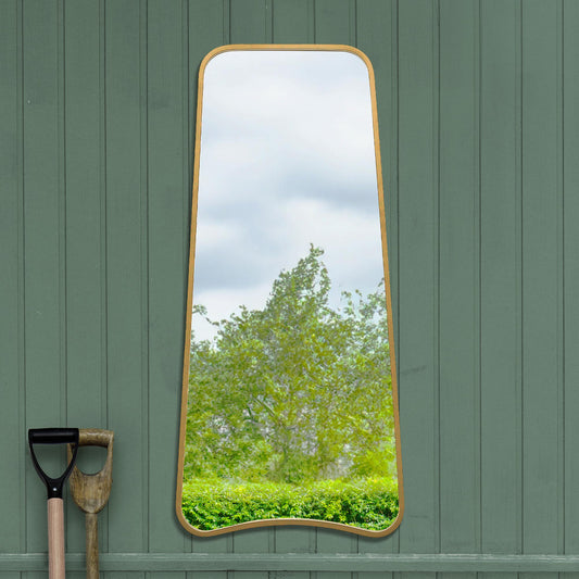 The Soula - New Gold Metal Isoscelles Trapezoid Shape Framed Garden Wall Mirror with arched bottom. 48 X 23 (122CM X 58CM).
