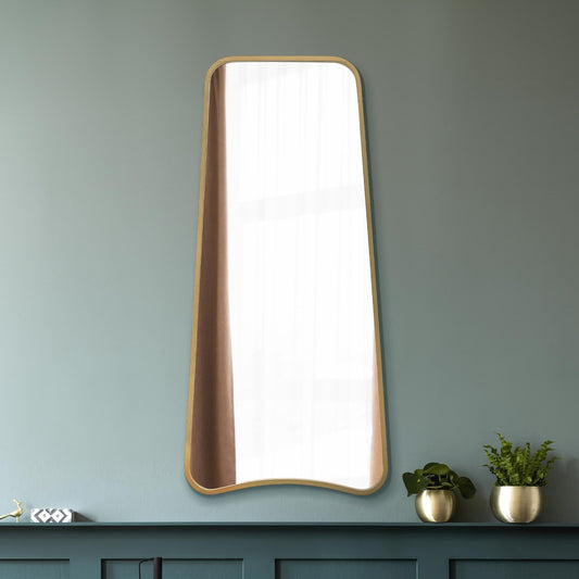 The Soula - New Gold Metal Isoscelles Trapezoid Shape Framed Wall Mirror with arched bottom. 48 X 23 (122CM X 58CM).