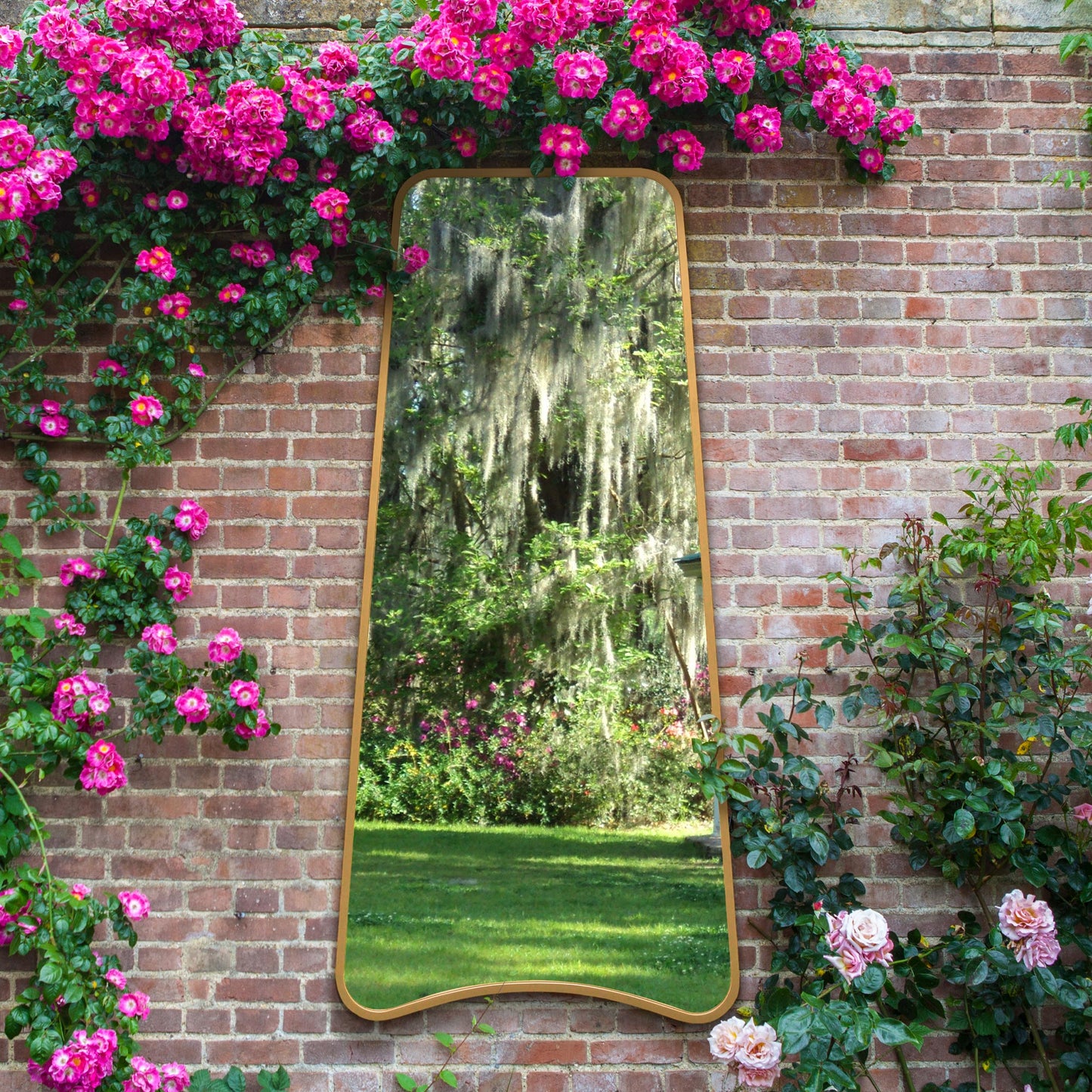 The Soula - New Gold Metal Isoscelles Trapezoid Shape Framed Garden Wall Mirror with arched bottom. 71 X 34 (180CM X 85CM)