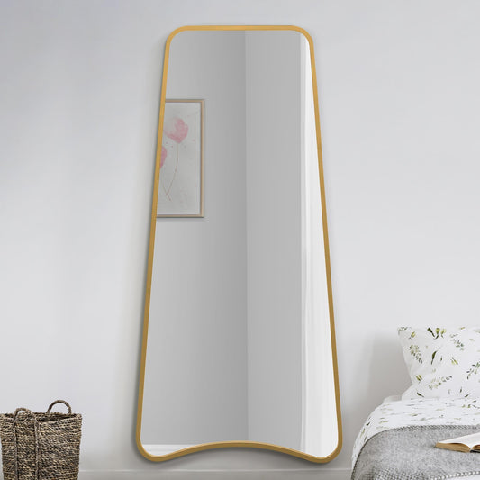 The Soula - New Gold Metal Isoscelles Trapezoid Shape Framed Wall Mirror with arched bottom. 71 X 34 (180CM X 85CM).