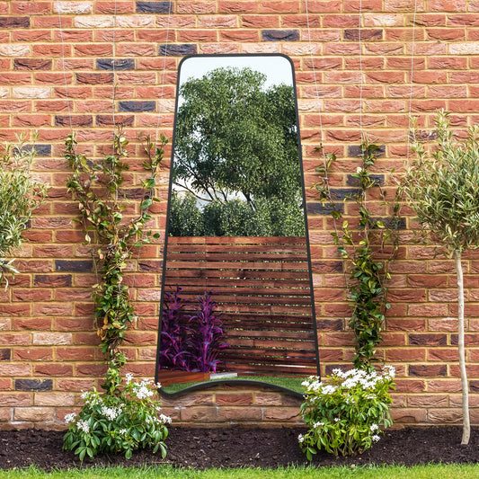 The Soula - New Black Metal Isoscelles Trapezoid Shape Framed Garden Wall Mirror with arched bottom. 79 X 38 (200CM X 95CM)