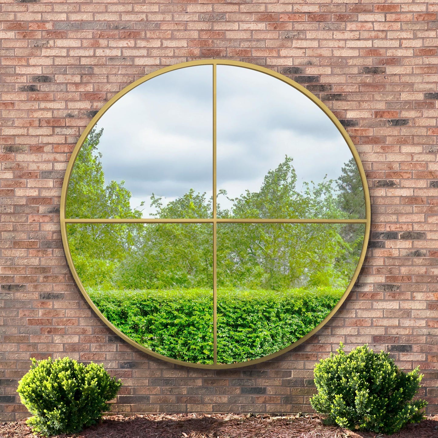 The Emery - Gold Extra Large Circular Window Metal Garden Wall Mirror 71x 71 (180x180cm)