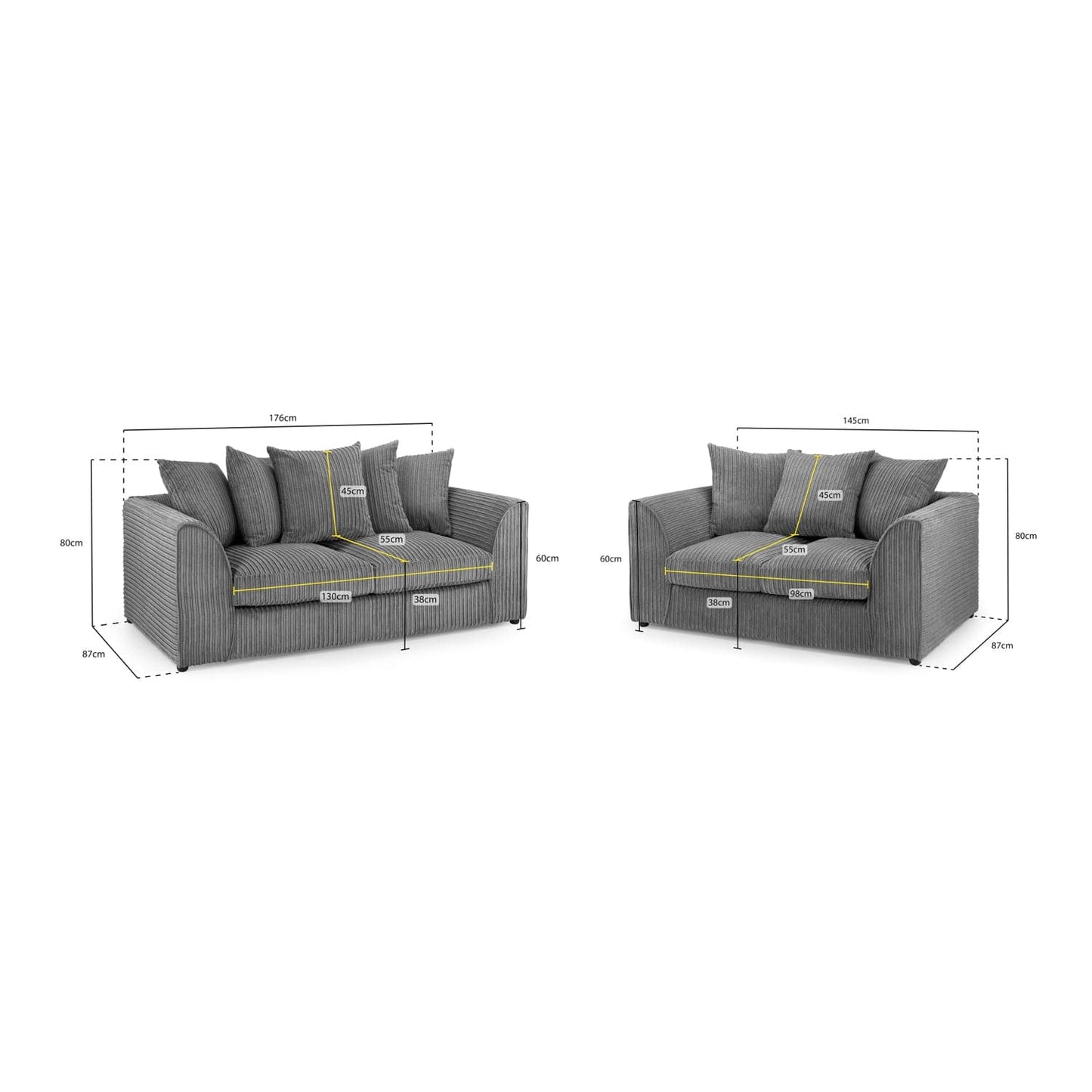 Oxford 3+2 Sofa Set in Grey Jumbo Cord
