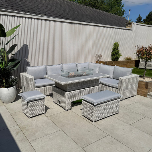 Chakra Rattan Corner Dining Set with Fire Pit – Grey/Beige