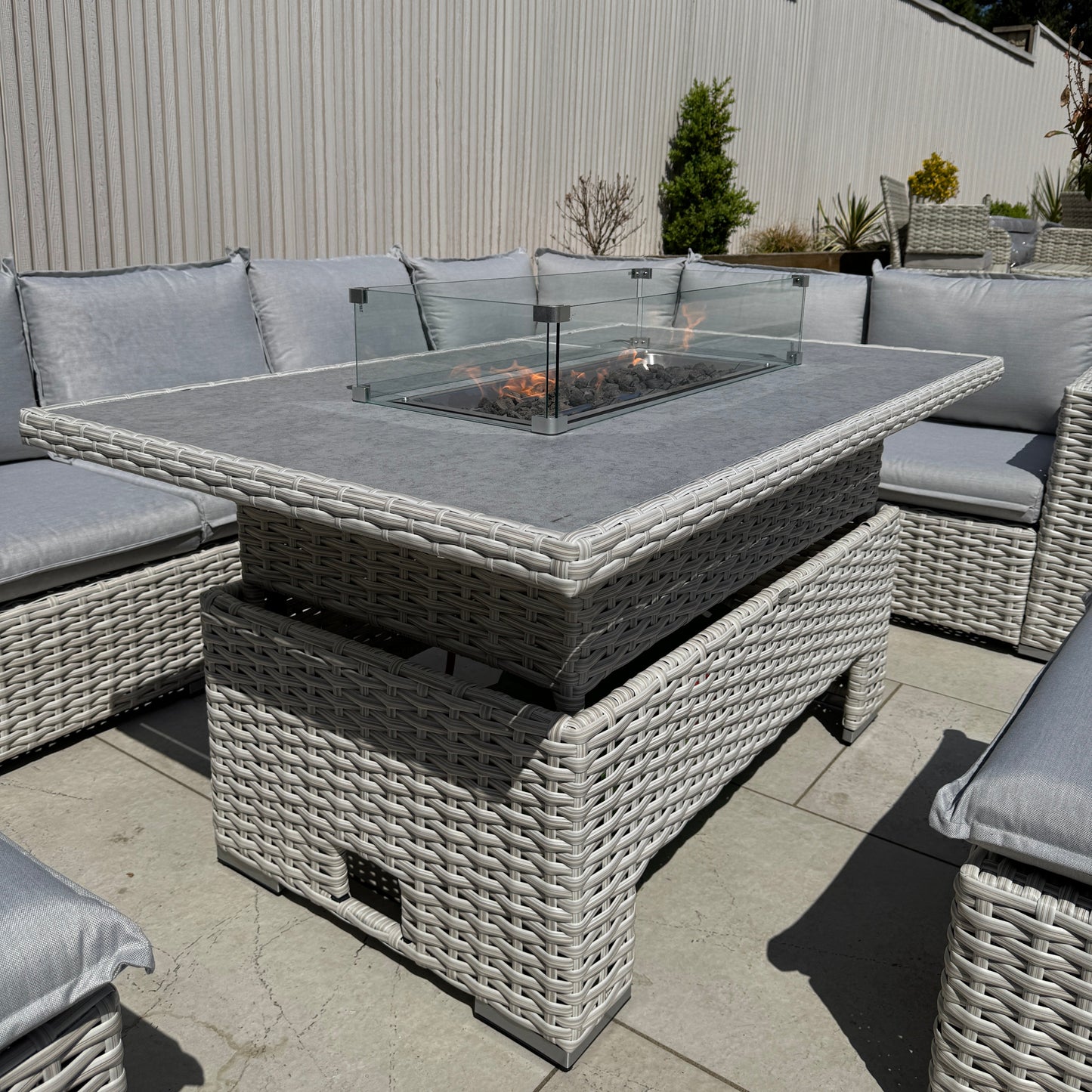 Chakra Rattan Corner Dining Set with Fire Pit – Grey/Beige