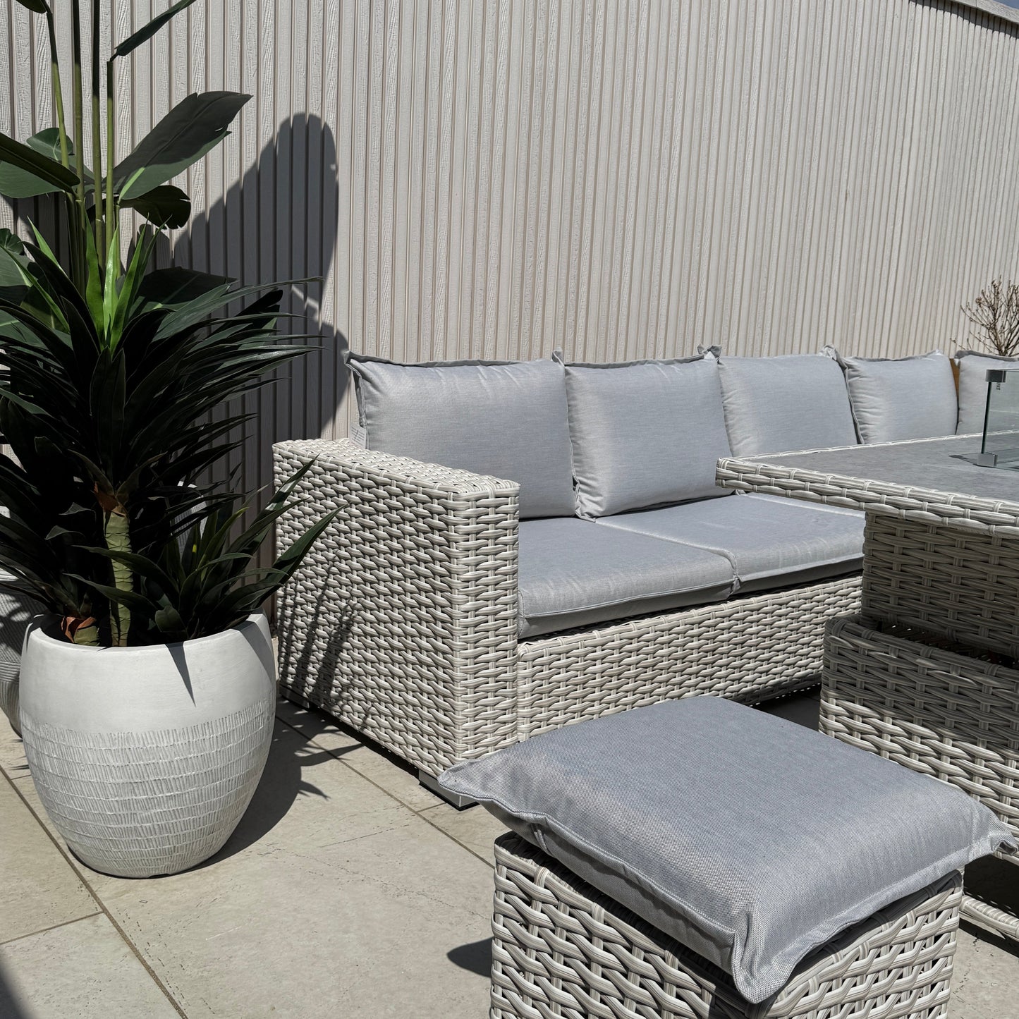 Chakra Rattan Corner Dining Set with Fire Pit – Grey/Beige