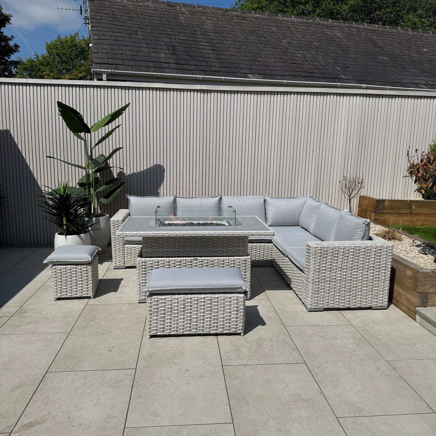 Chakra Rattan Corner Dining Set with Fire Pit – Grey/Beige