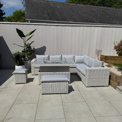 Chakra Rattan Corner Dining Set with Fire Pit – Grey/Beige