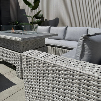 Chakra Rattan Corner Dining Set with Fire Pit – Grey/Beige