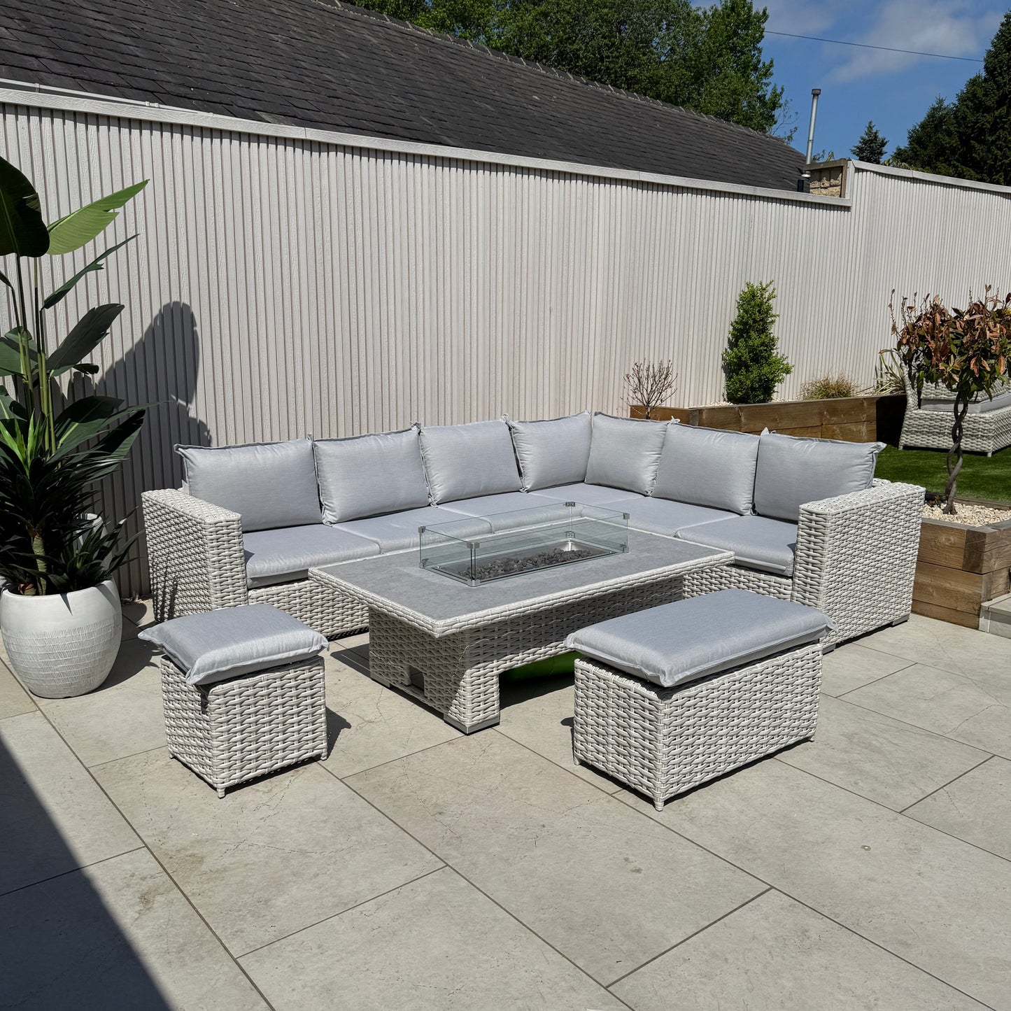 Chakra Rattan Corner Dining Set with Fire Pit – Grey/Beige