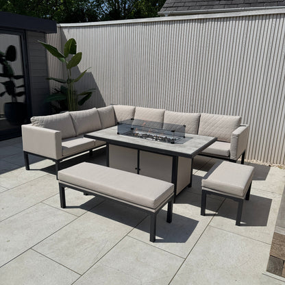 Ava Aluminium Corner Dining Set with Fire Pit – Beige