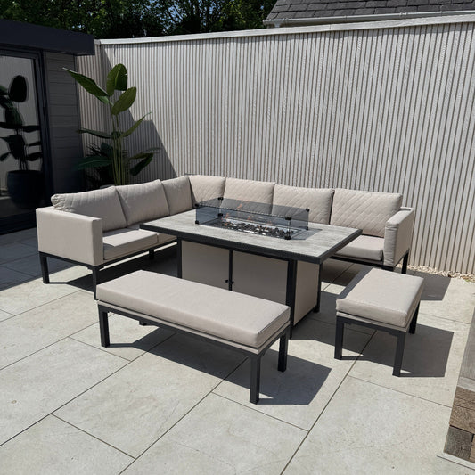 Ava Aluminium Corner Dining Set with Fire Pit – Beige