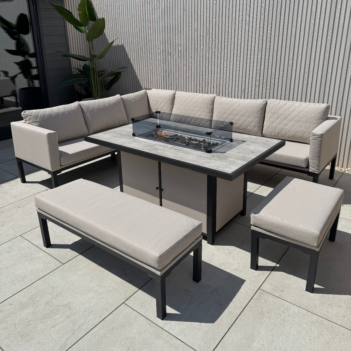Ava Aluminium Corner Dining Set with Fire Pit – Beige