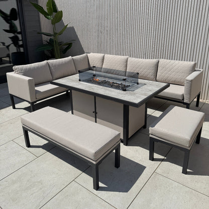 Ava Aluminium Corner Dining Set with Fire Pit – Beige