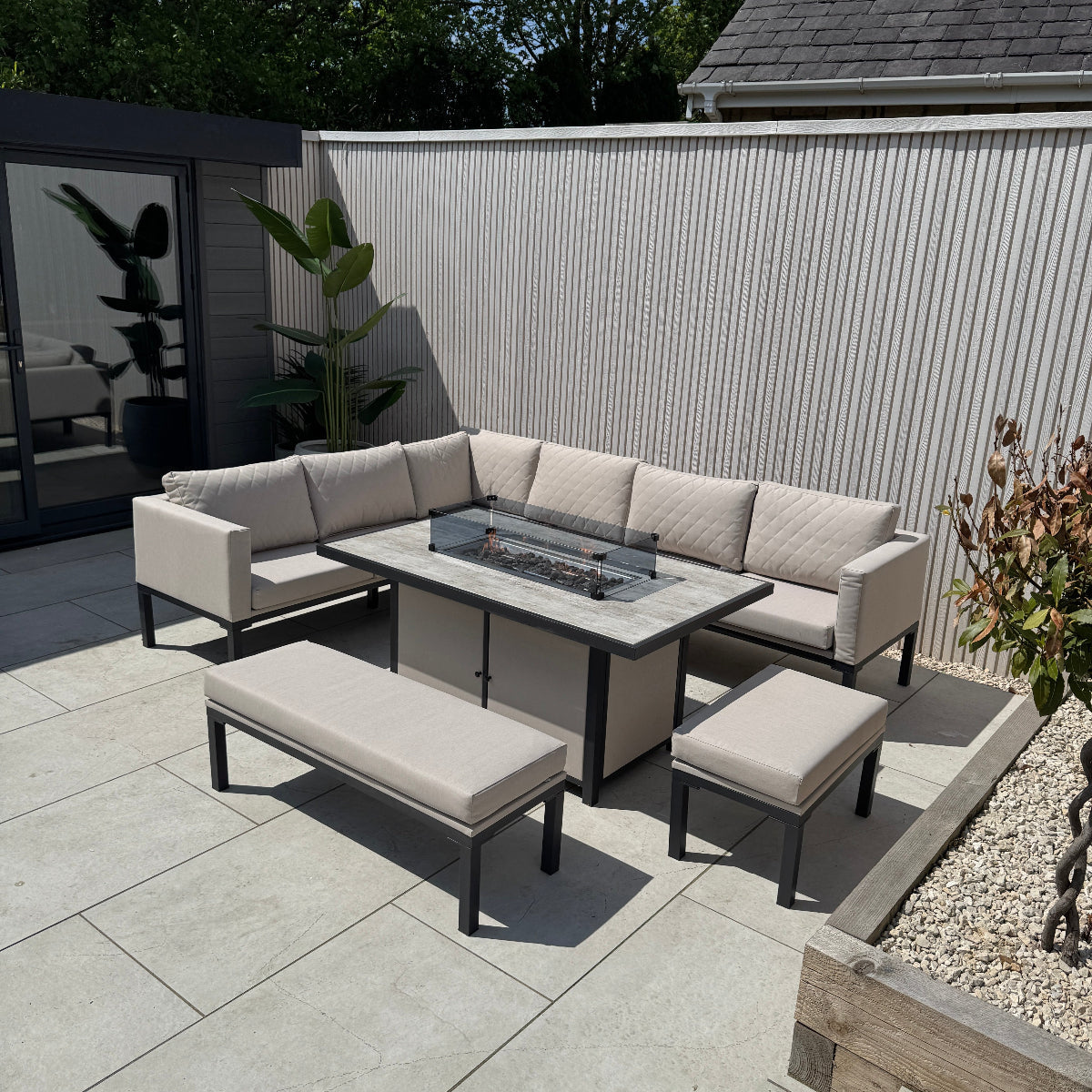 Ava Aluminium Corner Dining Set with Fire Pit – Beige