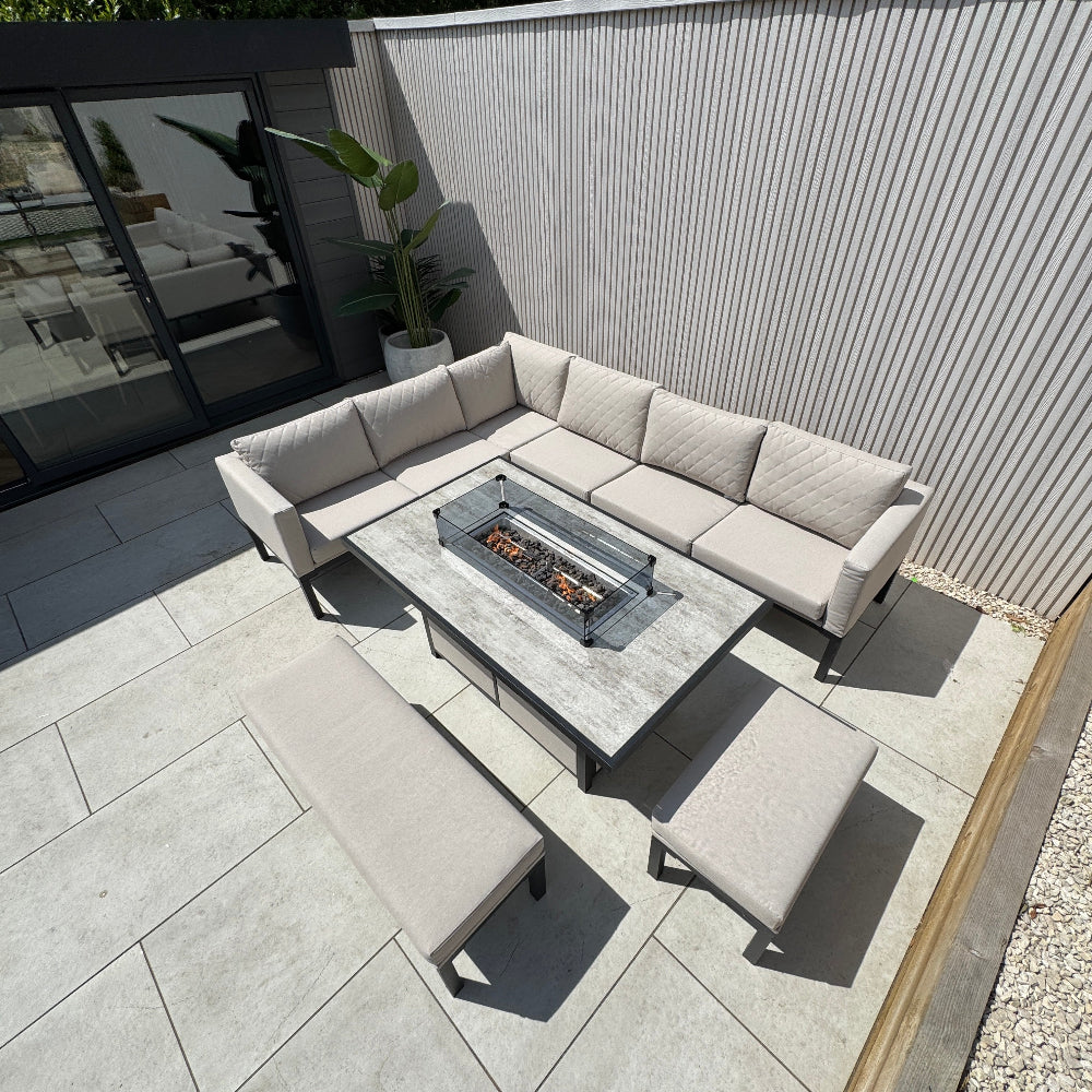 Ava Aluminium Corner Dining Set with Fire Pit – Beige