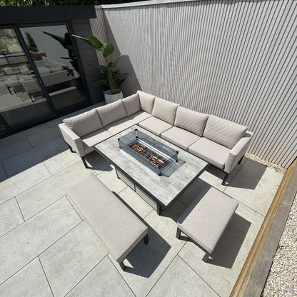 Ava Aluminium Corner Dining Set with Fire Pit – Beige