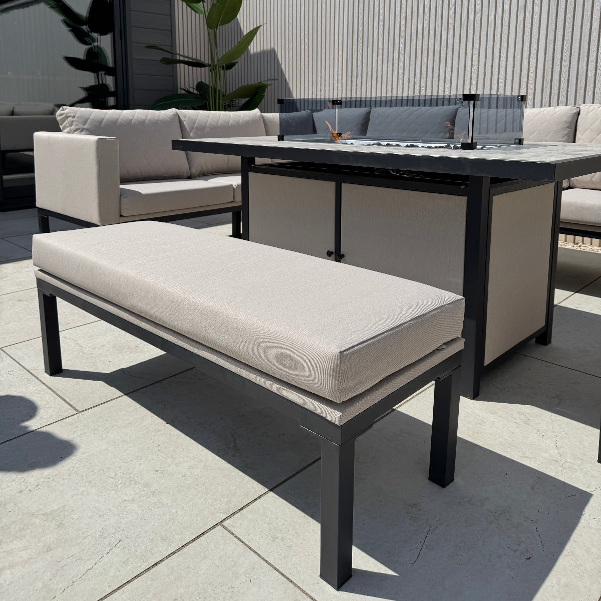 Ava Aluminium Corner Dining Set with Fire Pit – Beige