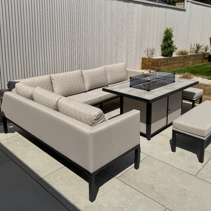 Ava Aluminium Corner Dining Set with Fire Pit – Beige