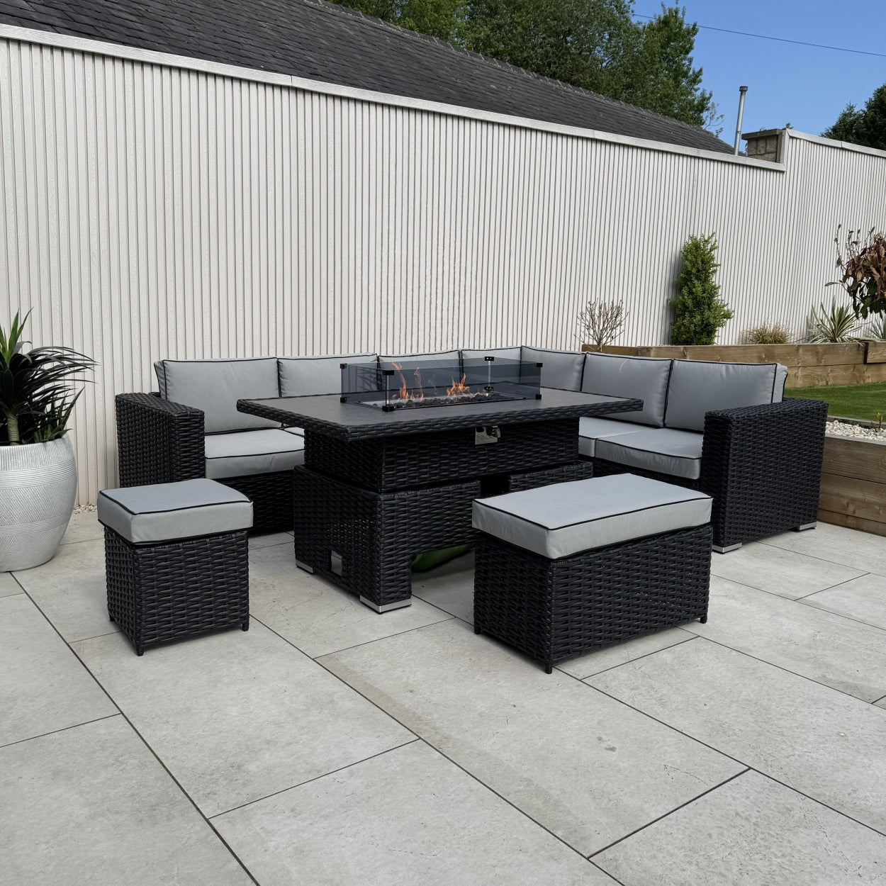 Chakra Rattan Corner Dining Set with Fire Pit – Black